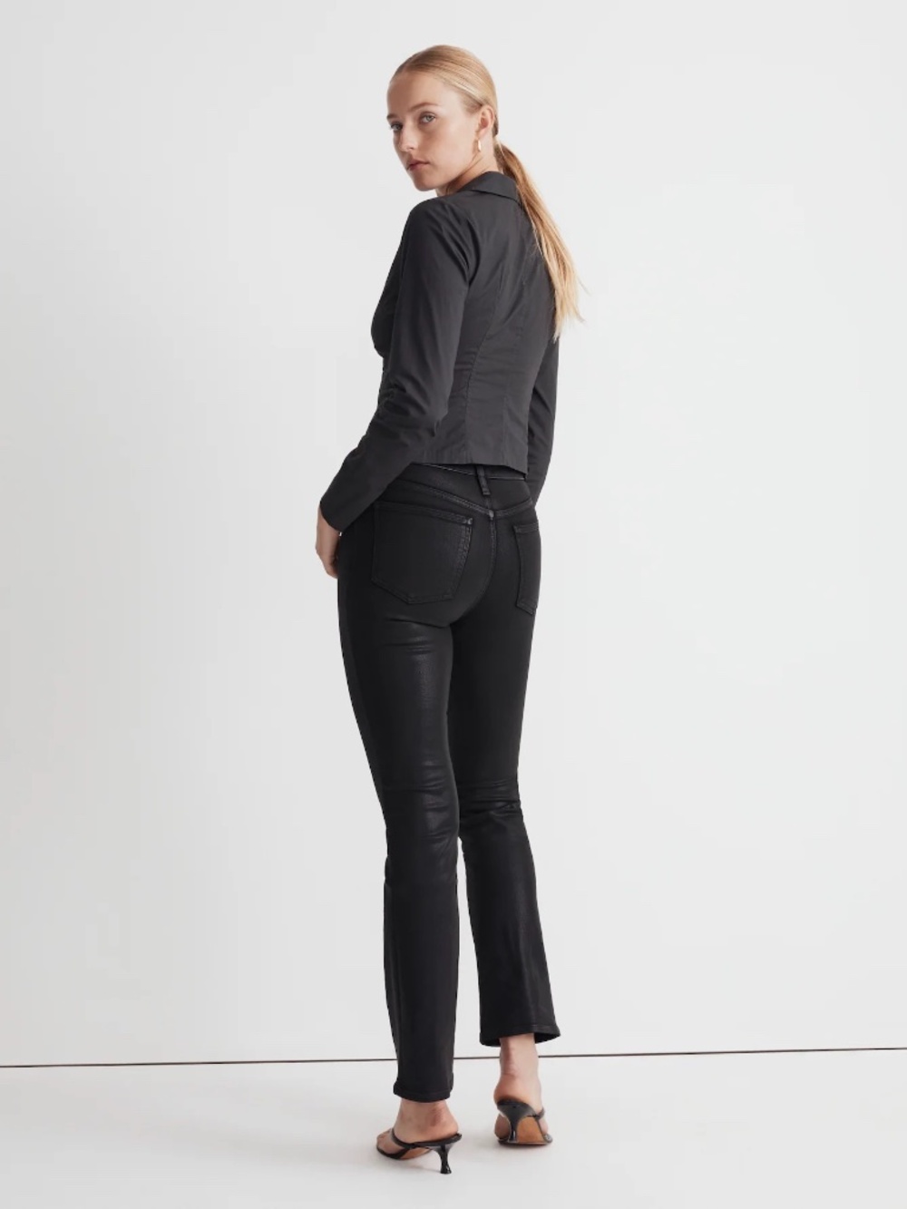Madewell Kick Out Crop Jeans Coated Black Sz 28 Flare Chic Stretch